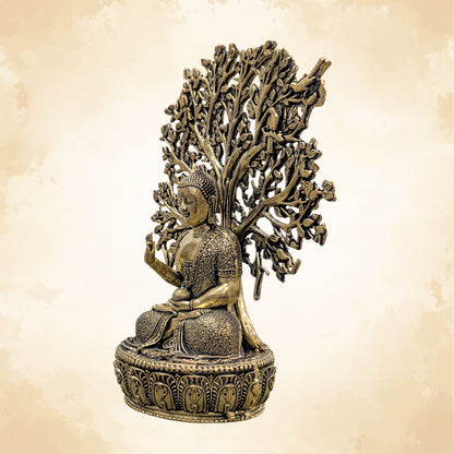 Brass Buddha with Bodhi Tree Idol Handcrafted Vastu Spiritual Home Decor