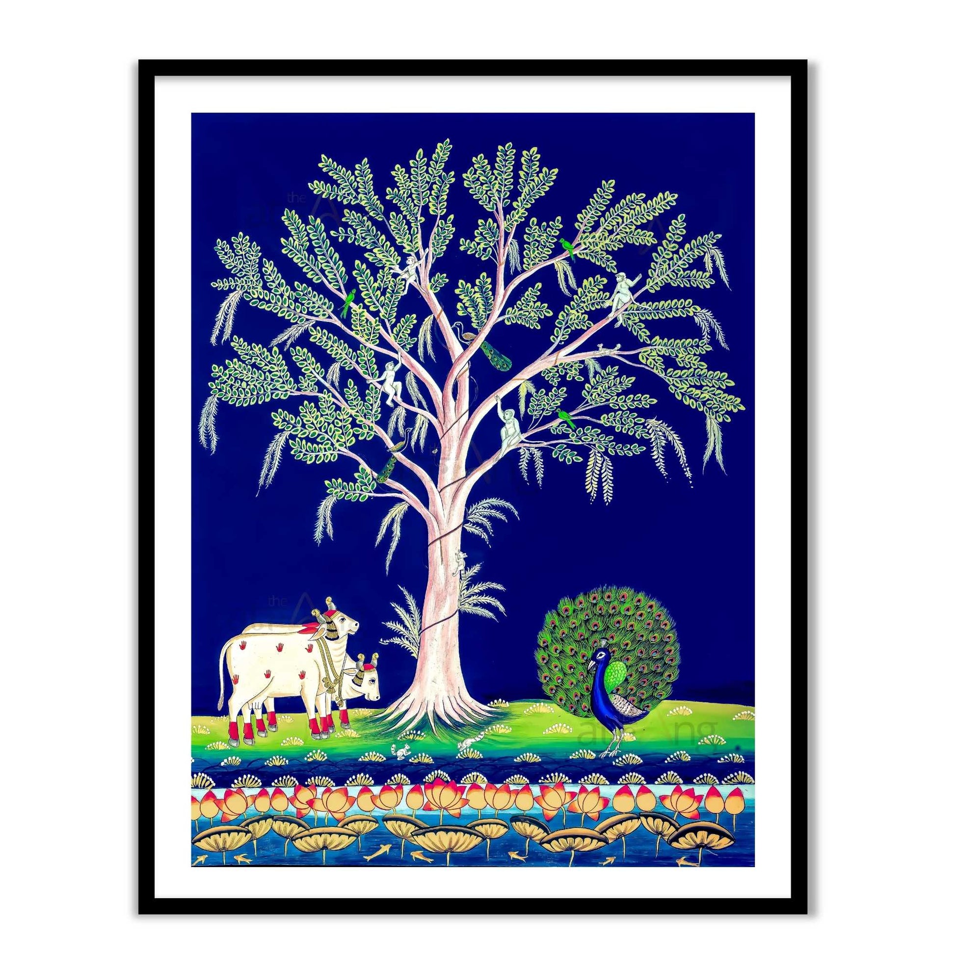 Framed artwork of a tree of life with a cow and peacock on a blue background by the atrang