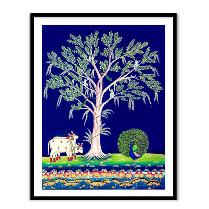 Framed artwork of a tree of life with a cow and peacock on a blue background by the atrang