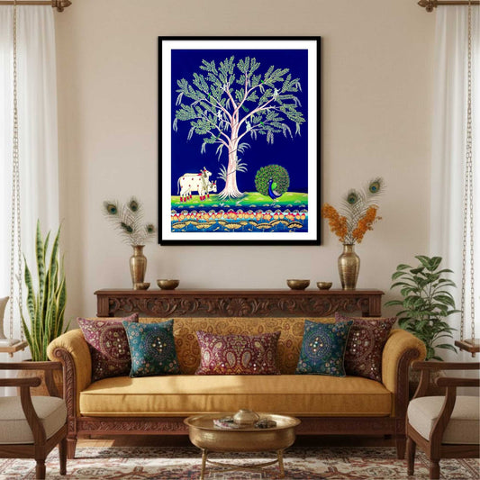 Decorative wall art of a tree of life with a cow in a living room by atrang
