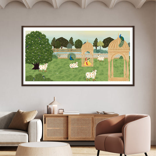 Gopi in a Serene Garden Landscape Pichwai Artwork for Home Wall Decor 