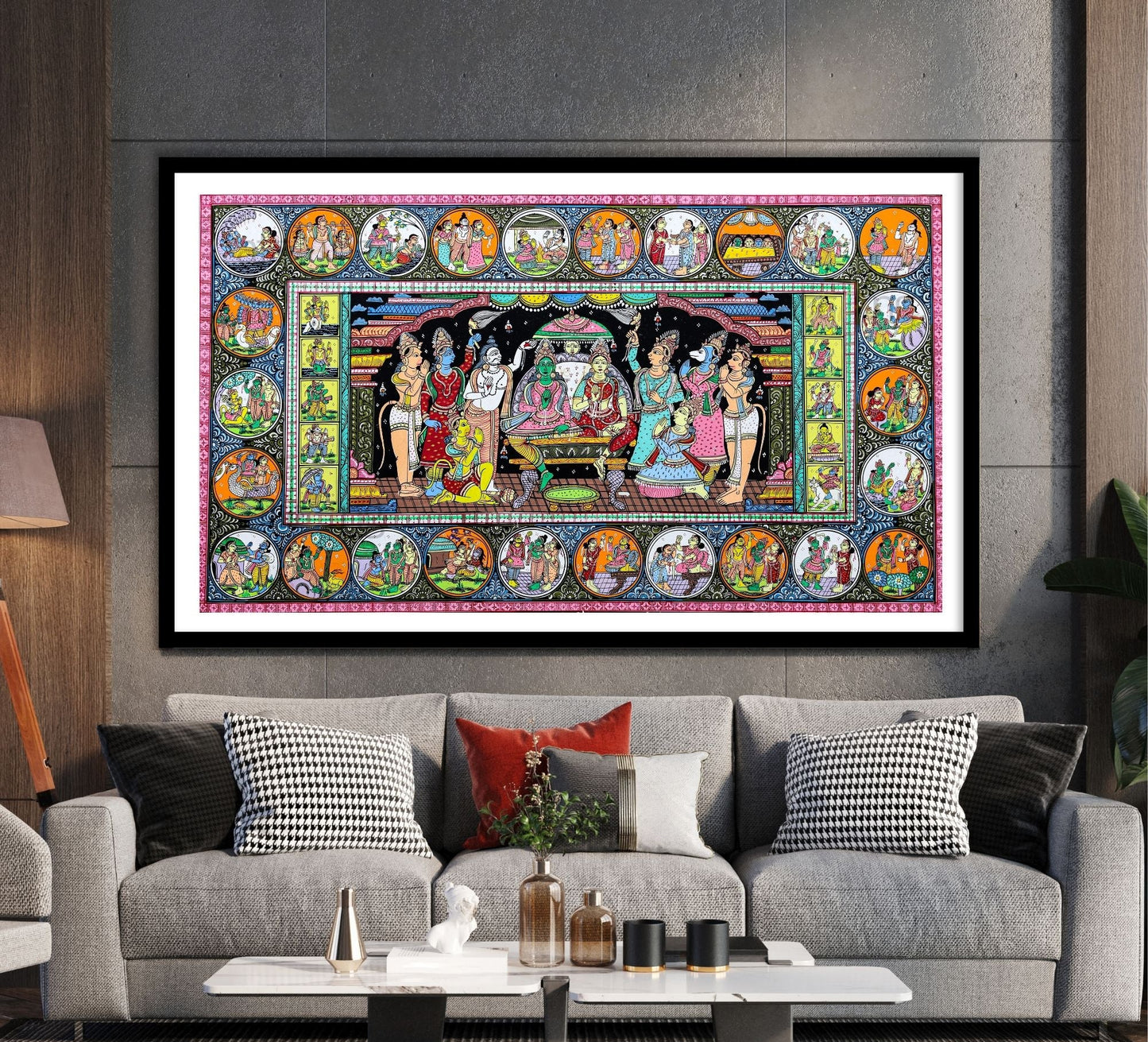 Most Sold Beautiful Ram Darbar of Ram Sita in Pattachitra Artform for your Living Room Home Decor by The Atrang available in various size duly framed and comes with glass