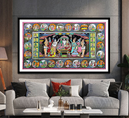 Most Sold Beautiful Ram Darbar of Ram Sita in Pattachitra Artform for your Living Room Home Decor by The Atrang available in various size duly framed and comes with glass