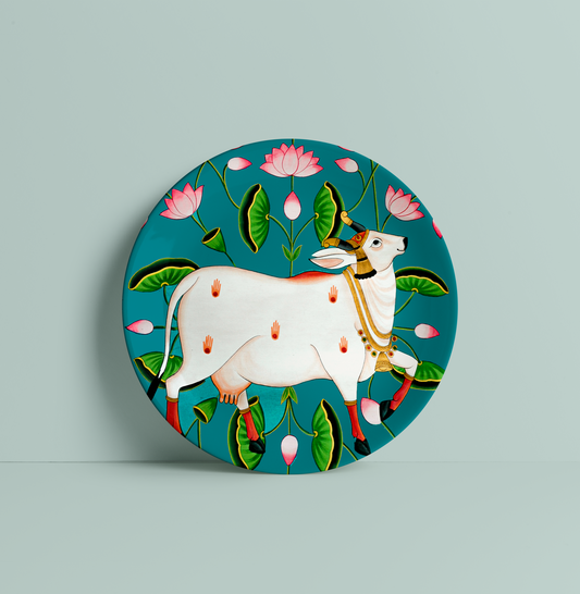 Turq Pichwai Cow Ceramic Plate for Home Decor
