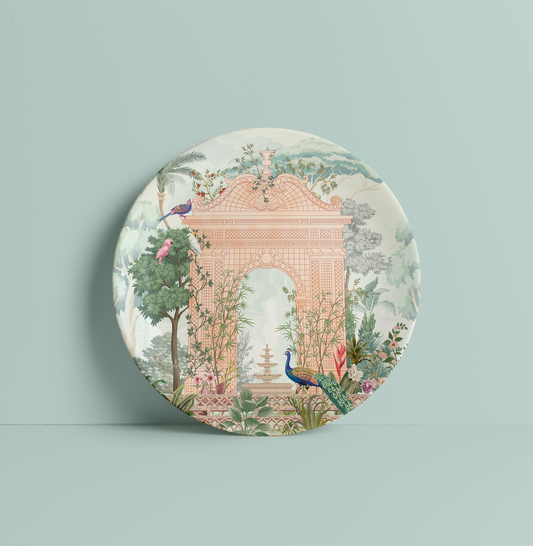 Victorian Style Trellis Garden with Pastel Flower & Peacock Ceramic Plate for Home Decor