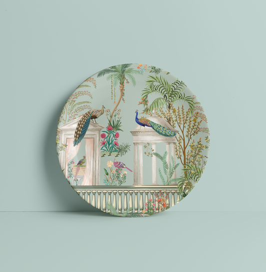Couple Peacock in a Mughal Garden Ceramic Plate for Home Decor