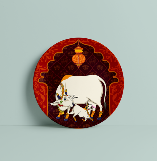Red Pichwai Kamdhenu Cow Ceramic Plate for Home Decor