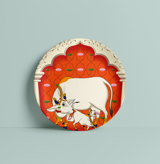 Cow with a Calf Pichwai Ceramic Plate for Home Decor