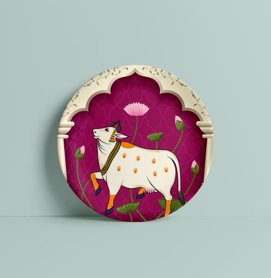 Pichwai Cow Design Ceramic Plate for Home Decor