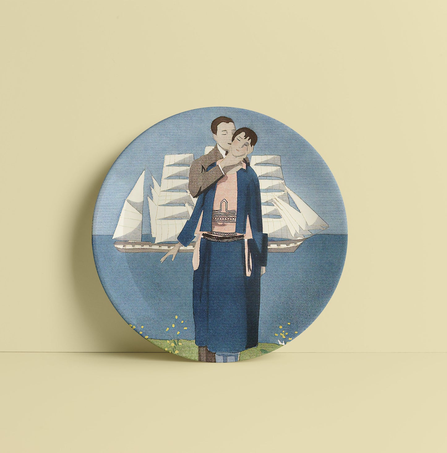 A couple standing in a school uniform on a green grass field Ceramic Plate for Home Decor