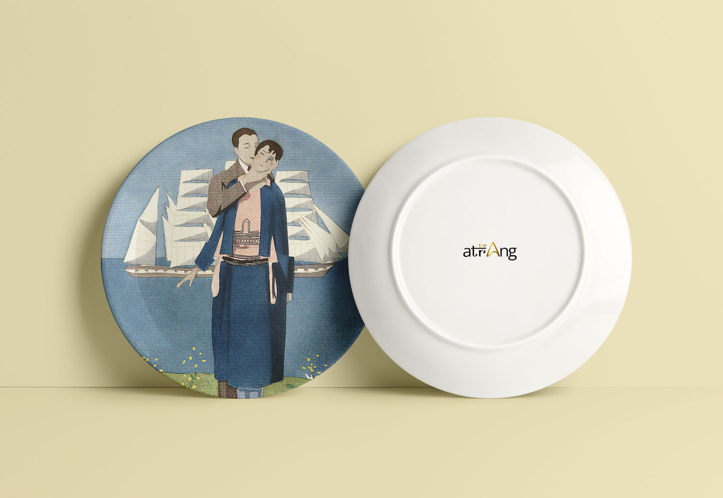 A couple standing in a school uniform on a green grass field Ceramic Plate for Home Decor