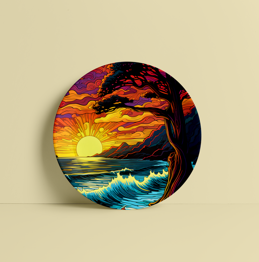 Colorful Tree-Sun Ceramic Plate for Home Wall Decor
