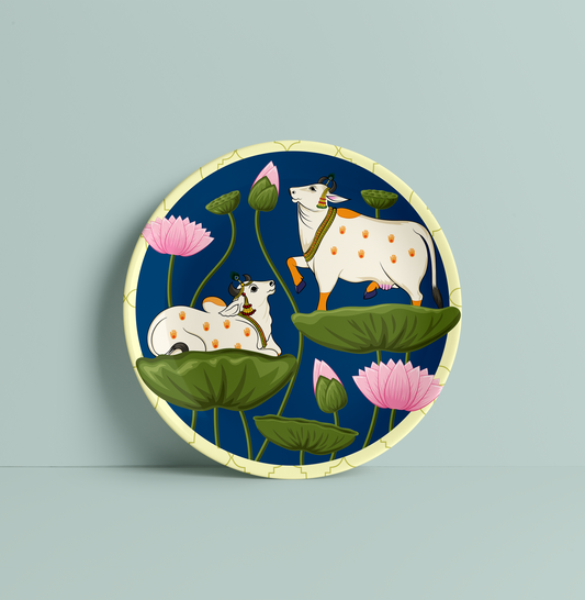 2 Beautiful Pichwai Cow Ceramic Plate for Home Decor