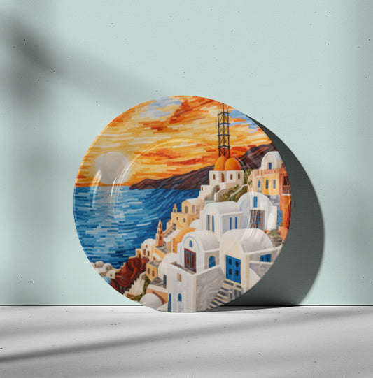 Sunset at Santorini Ceramic Travel Wall Plate for Home Decor