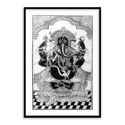 God Ganesh Pattachitra Art Painting Black and white Framed Wall Art - The Atrang