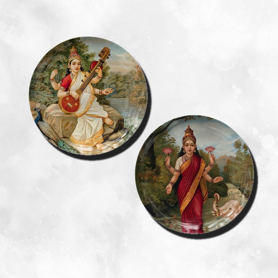 Beautiful Goddess Lakshmi and  Saraswati Wall Decor Plate by The Atrang for Indian Homes