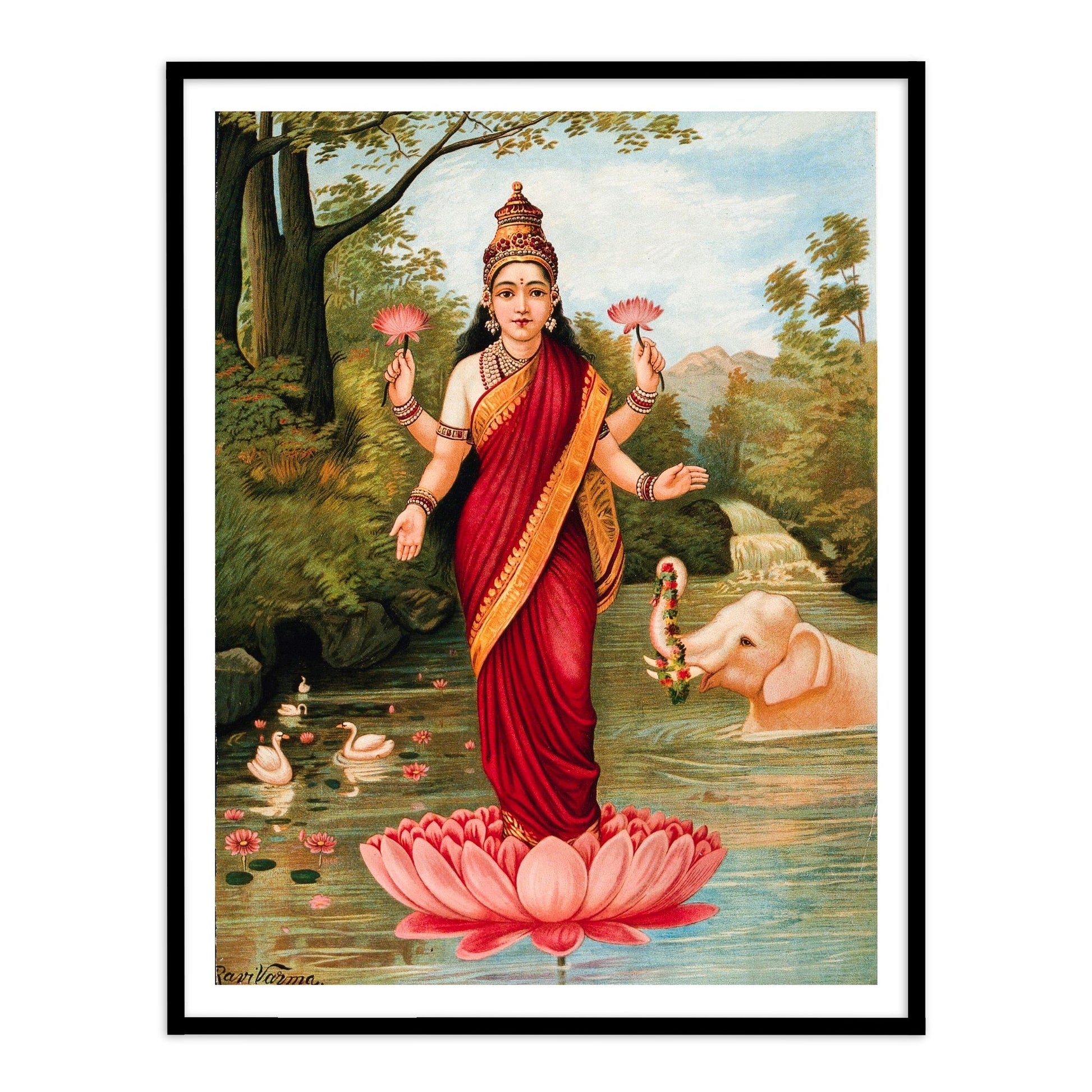 Lakshmi ji on her lotus by Raja Ravi Varma in Black Frame for Home Wall Decor