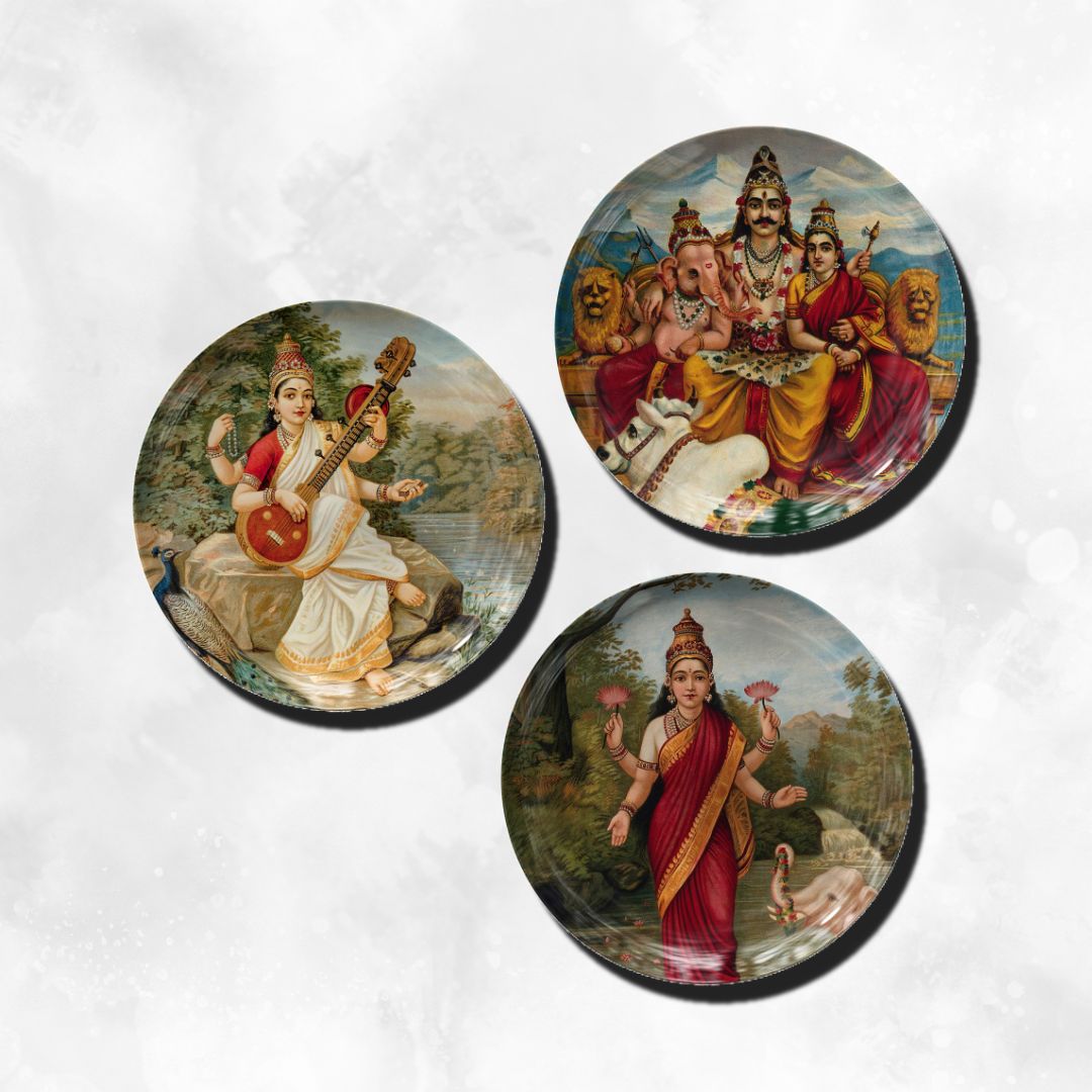 Lakshmi, Saraswati, Shiva Parivar & Ganesh Wall Decor Plate by The Atrang (Set of 3)