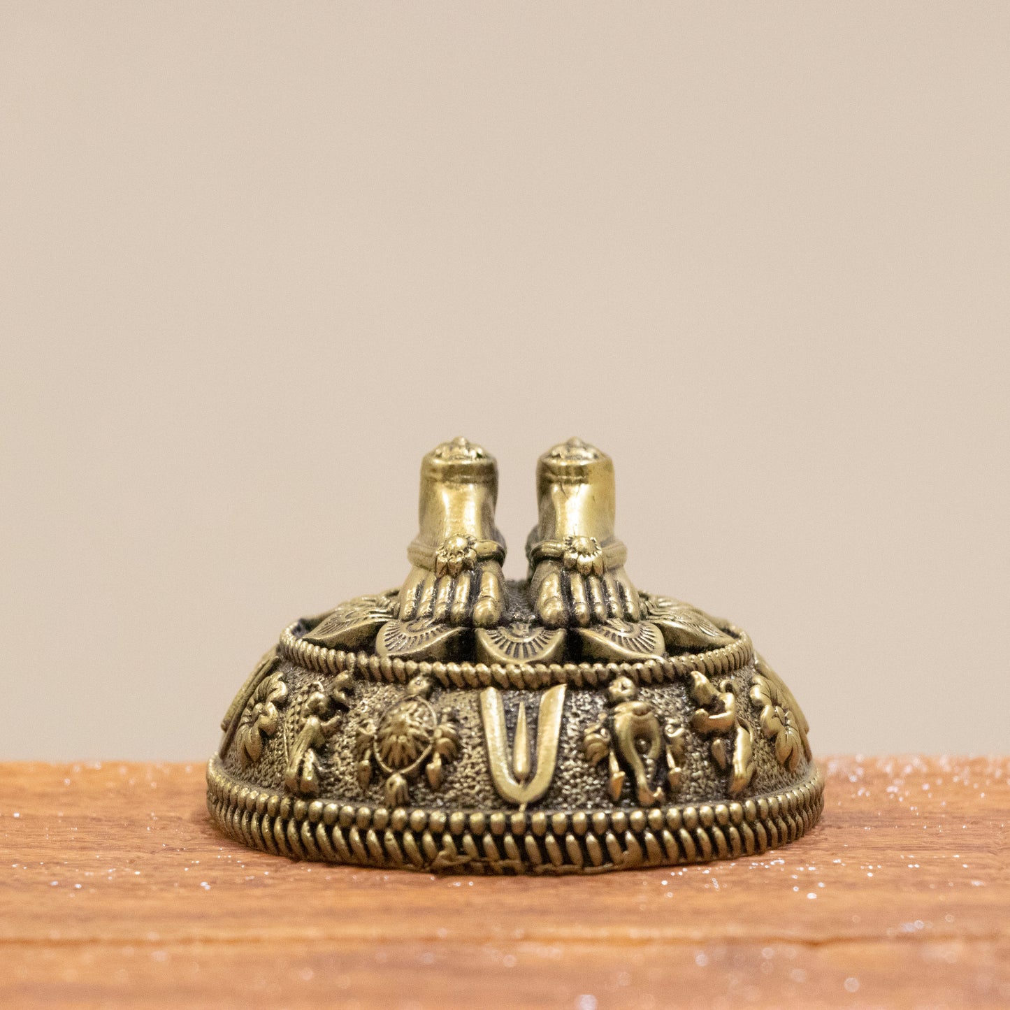 Brass Charan Paduka Idol with Carved Decorative Base