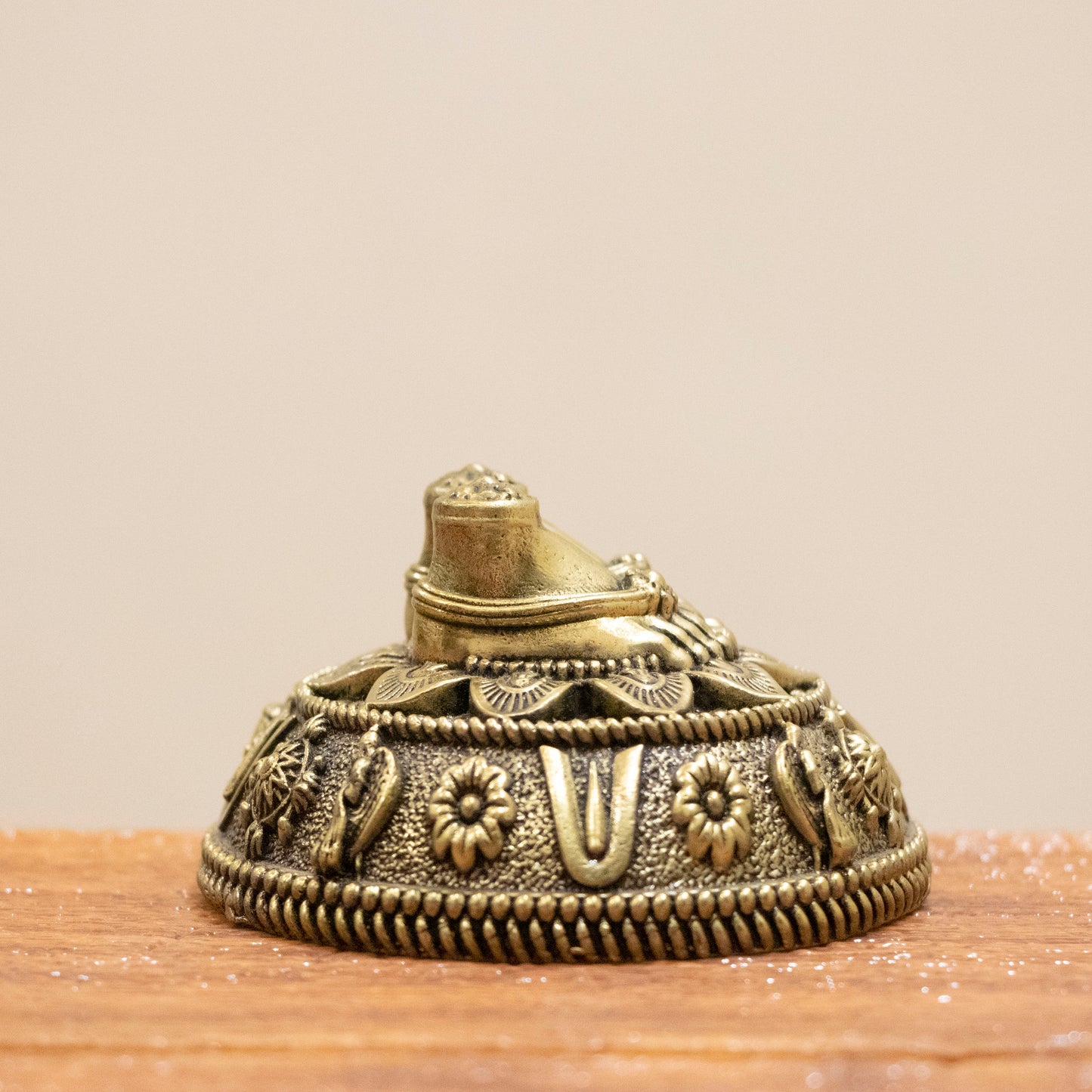 Brass Charan Paduka Idol with Carved Decorative Base