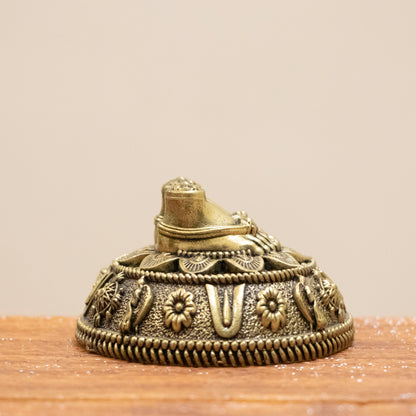 Brass Charan Paduka Idol with Carved Decorative Base