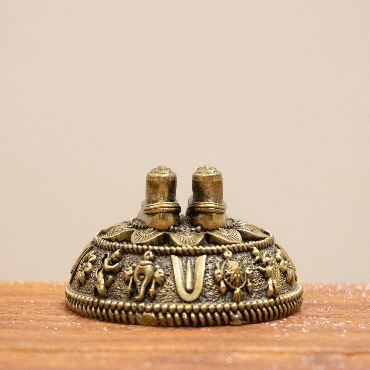 Brass Charan Paduka Idol with Carved Decorative Base