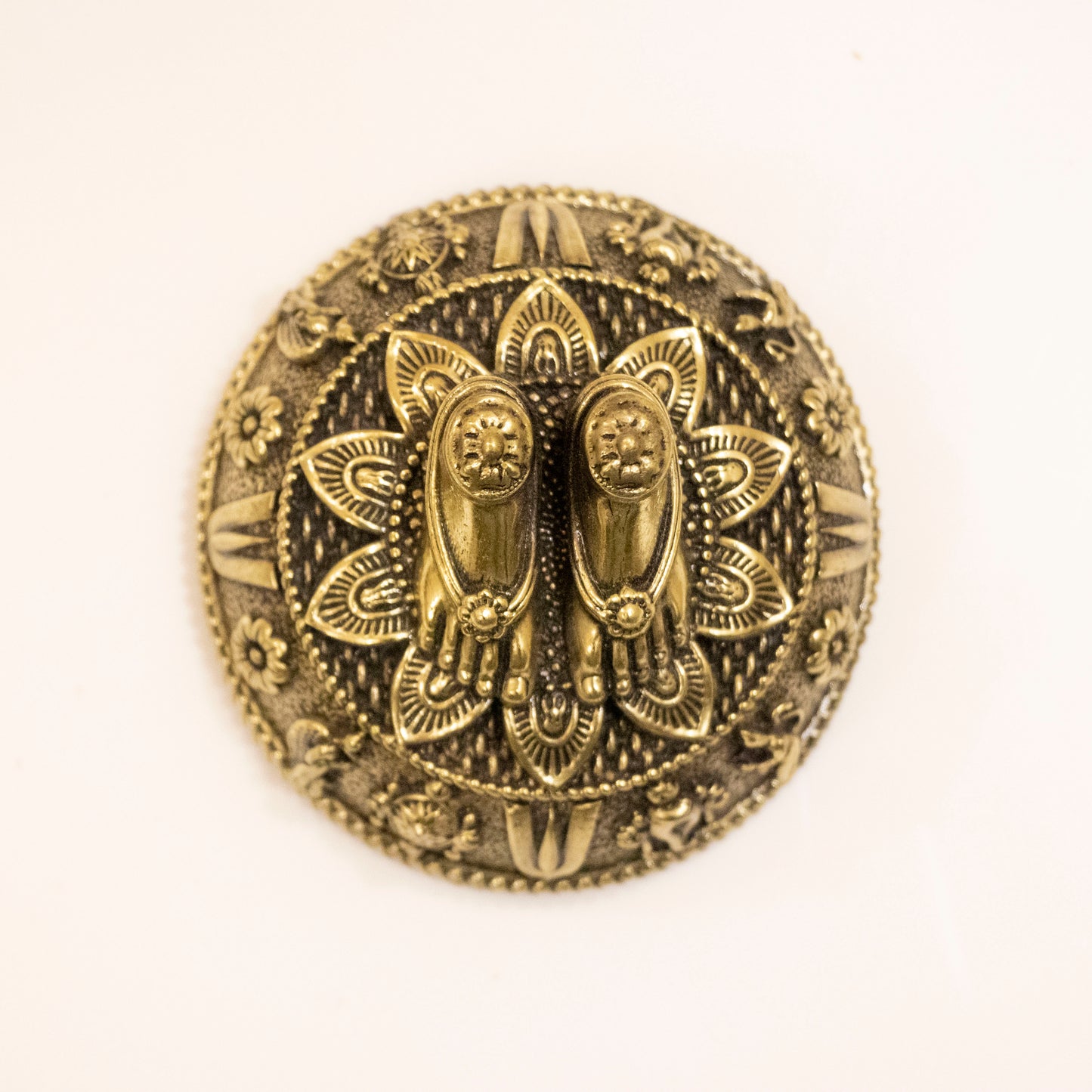 Brass Charan Paduka Idol with Carved Decorative Base