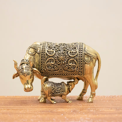 Divine Cow and Calf Brass Idol – Decor for Home Temple - 3 Inches