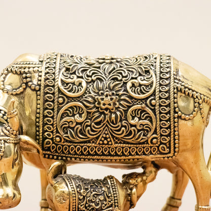 Divine Cow and Calf Brass Idol – Decor for Home Temple - 3 Inches