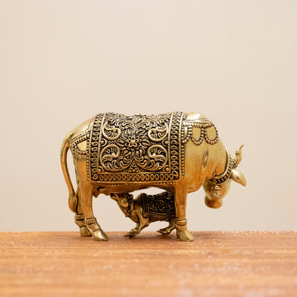 Divine Cow and Calf Brass Idol – Decor for Home Temple - 3 Inches