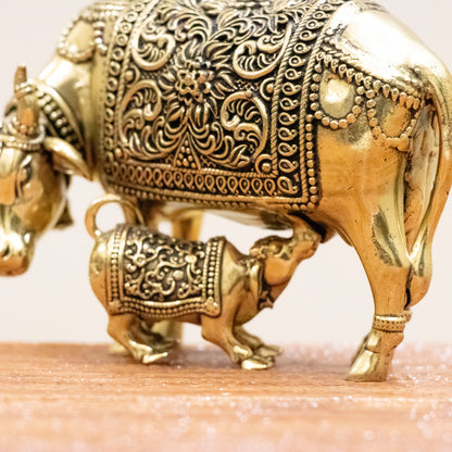 Divine Cow and Calf Brass Idol – Decor for Home Temple - 3 Inches