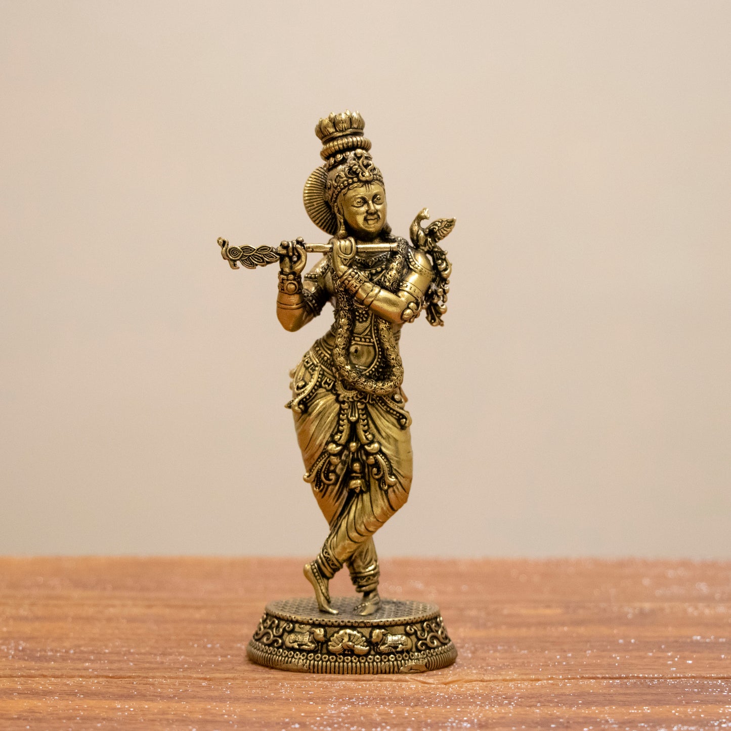 Divine Lord Krishna Brass Statue – Murli Manohar with Peacock for Peace & Positivity - 6 Inches
