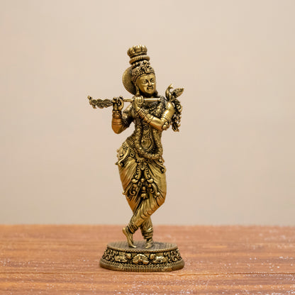 Divine Lord Krishna Brass Statue – Murli Manohar with Peacock for Peace & Positivity - 6 Inches