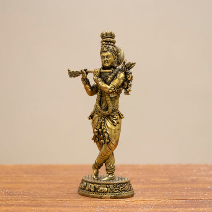 Divine Lord Krishna Brass Statue – Murli Manohar with Peacock for Peace & Positivity - 6 Inches