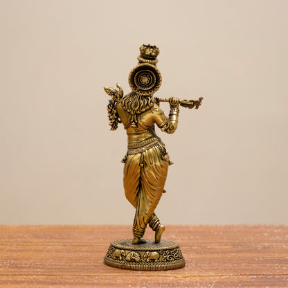 Divine Lord Krishna Brass Statue – Murli Manohar with Peacock for Peace & Positivity - 6 Inches