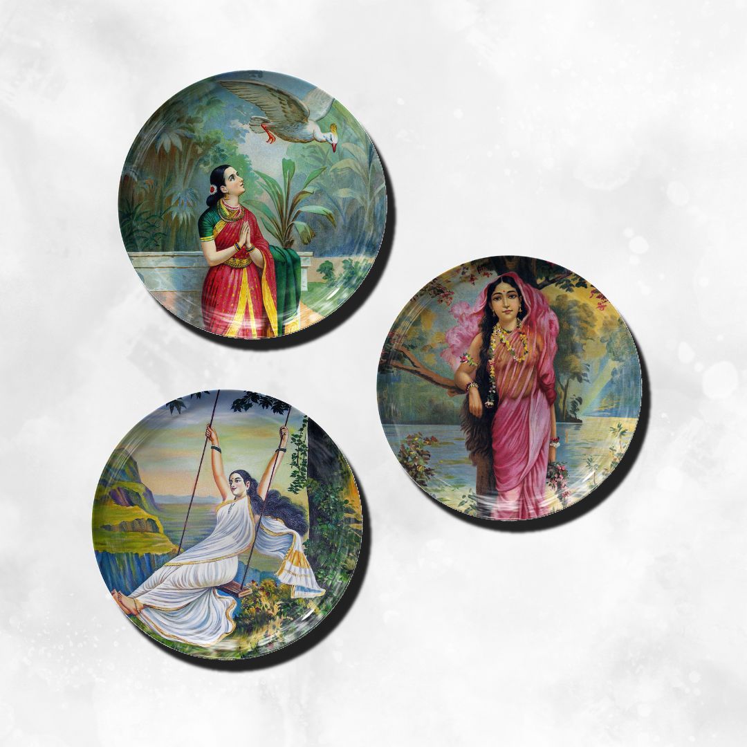 Damayanti, Mohini, Vasnatika set of 3 Wall Decor Plates of Raja Ravi Varma by The Atrang available in 2 sizes 8 inches and 10 inches 