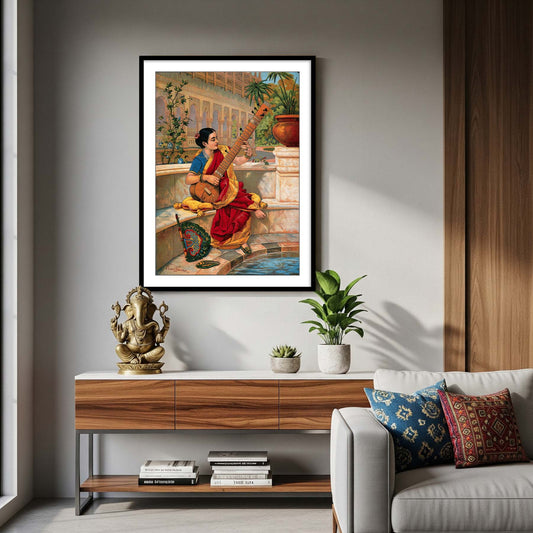 Kadambari - a lady playing sitar frame artwork by raja ravi varma
