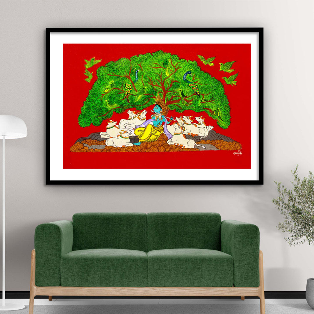 Krishna Playing Flute under a Tree | Pichwai Indian Framed Wall Art