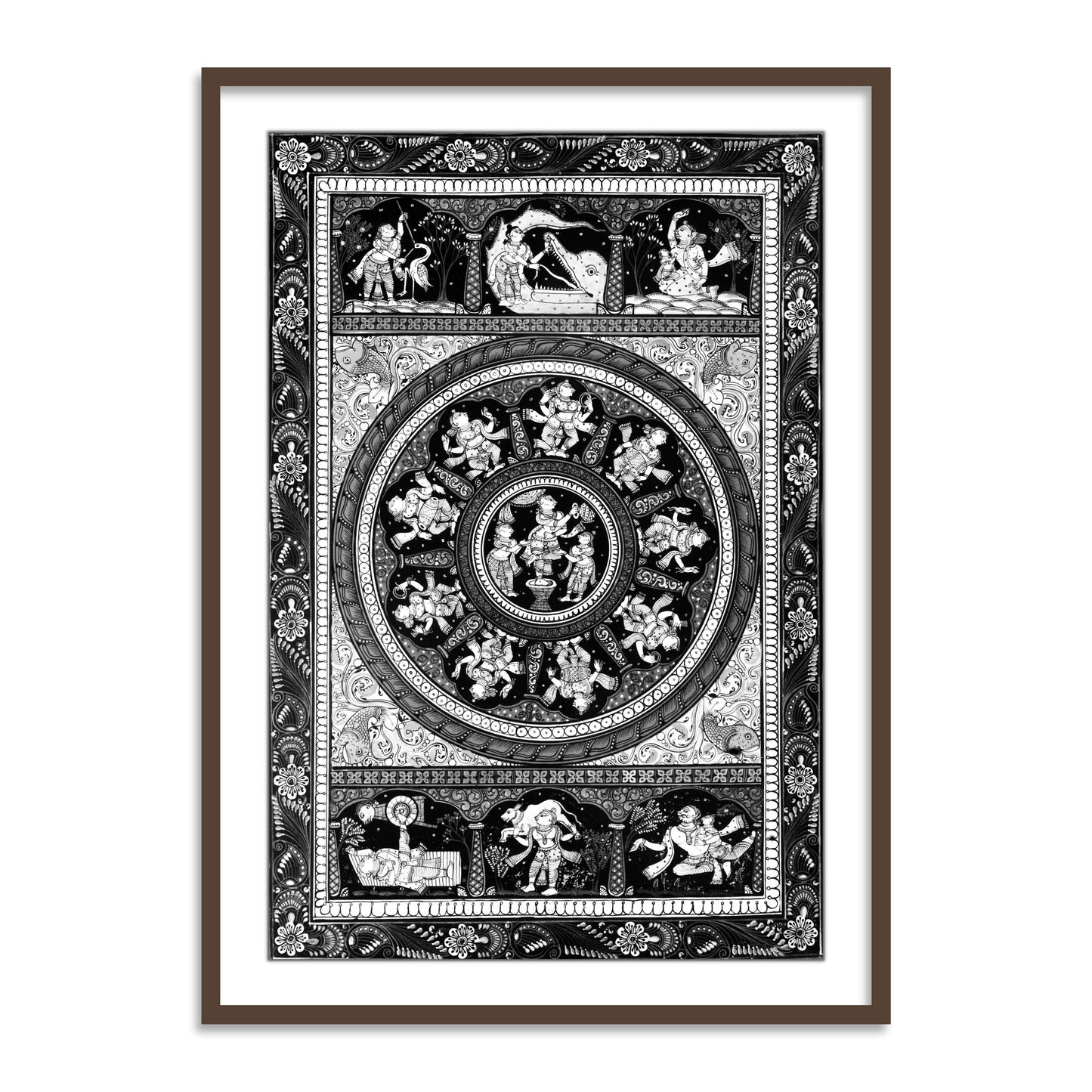 Shri Krishna Ras Leela Pattachittra Art Black and White Framed Wall Art - The Atrang