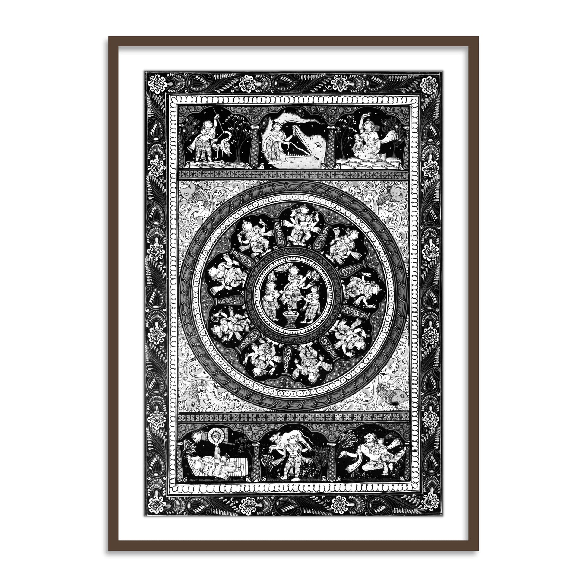 Shri Krishna Ras Leela Pattachittra Art Black and White Framed Wall Art - The Atrang