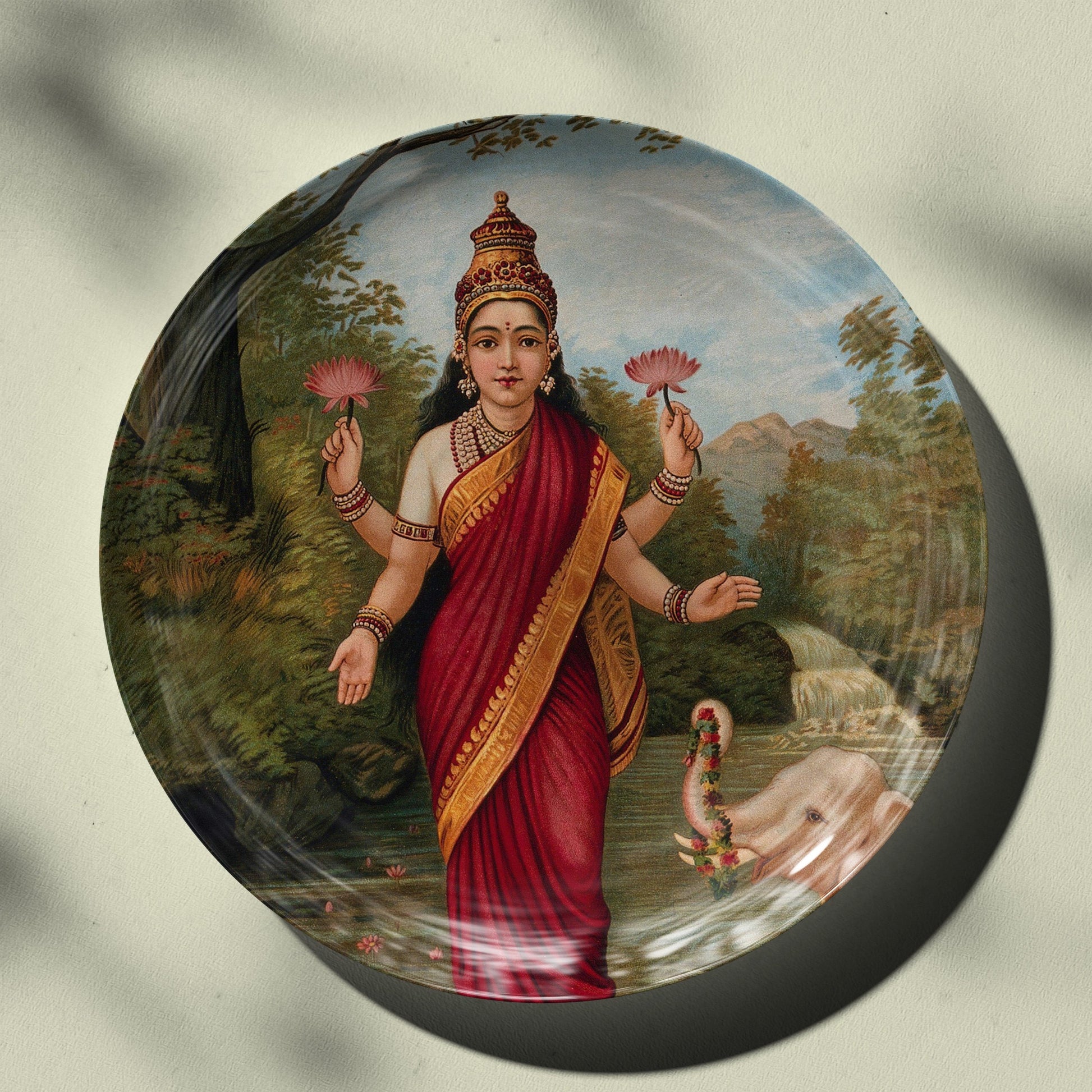 Lakshmi on her Lotus by raja Ravi Varma for Wall Decor Plates by The Atrang or Standing lakshmi available in 2 sizes 8 and 10 inches