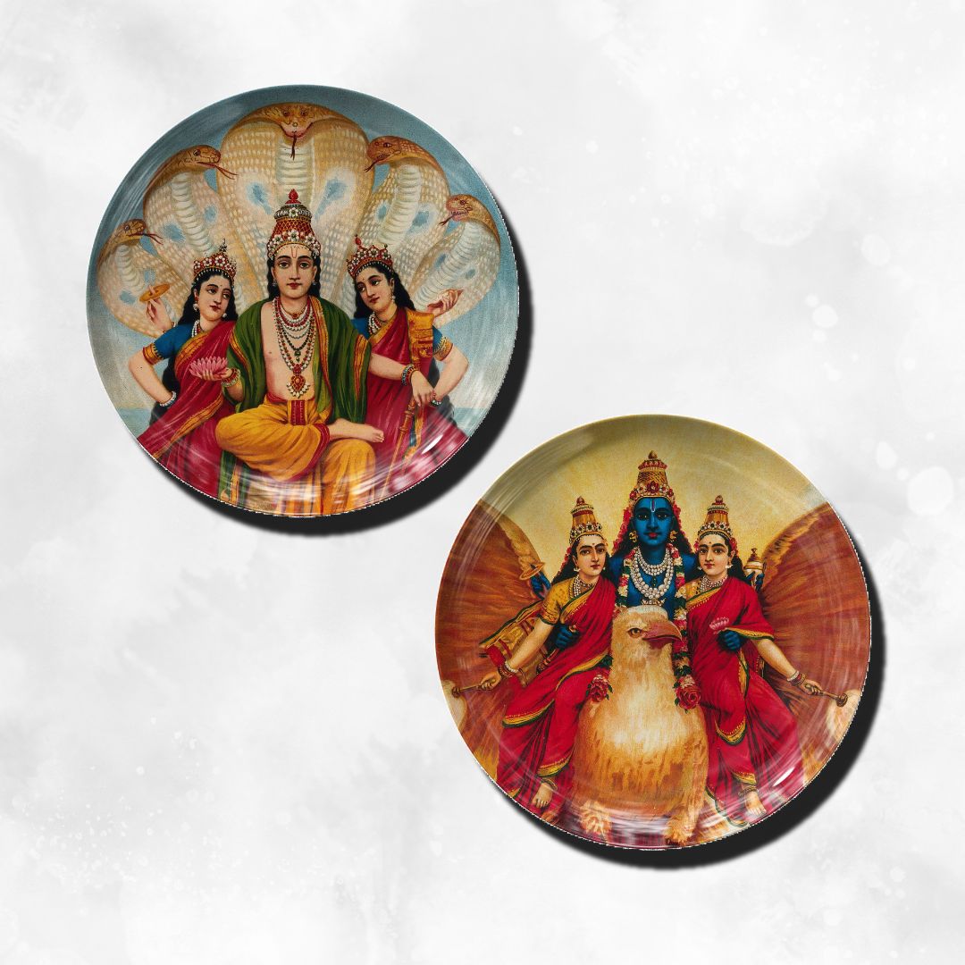 Lord Vishnu with his 2 Wives Wall Decor Plate Set by The Atrang