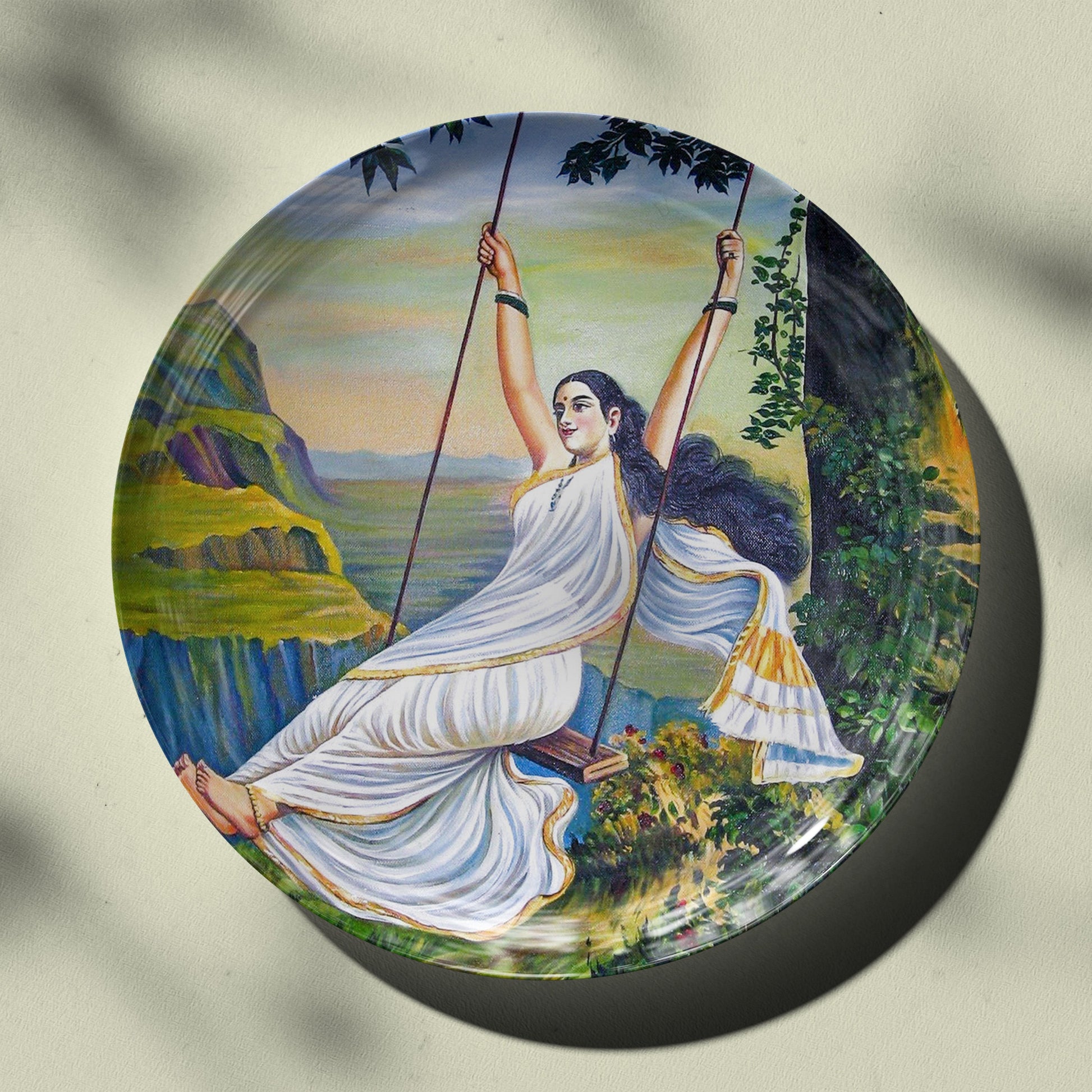 Mohini on her swing by Raja Ravi Varma Ceramic Wall Plate for Home Decor by The Atrang