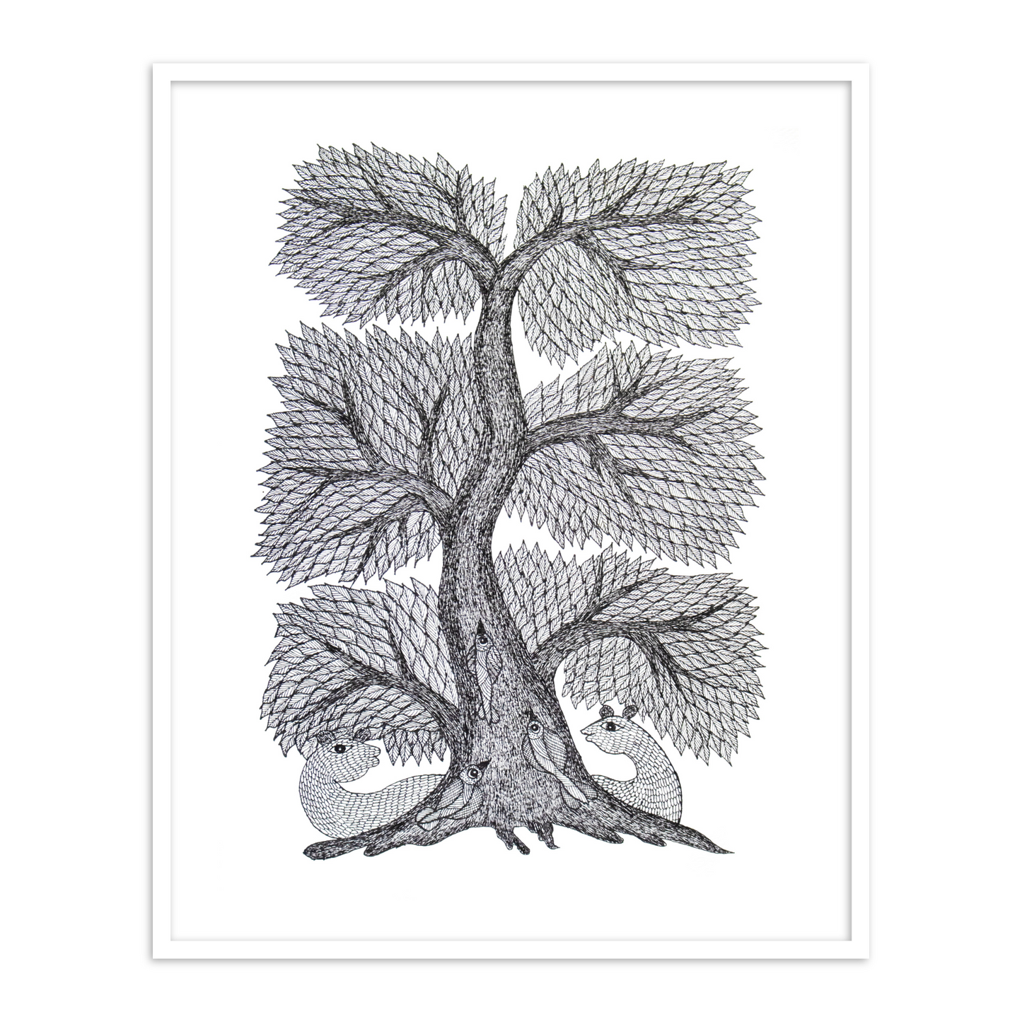 Monochromatic Tree of Life Gond Art Wall Painting for Home Decor