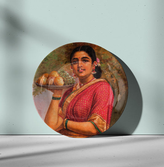 Madri or the Maharashtrian Lady with Fruit by Ravi Varma Ceramic Plate for Home Decor