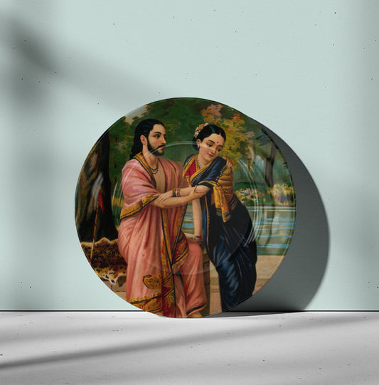 Arjuna in disguise a dancing teacher wooing Subhadra by Ravi Varma Ceramic Plate for Home Decor