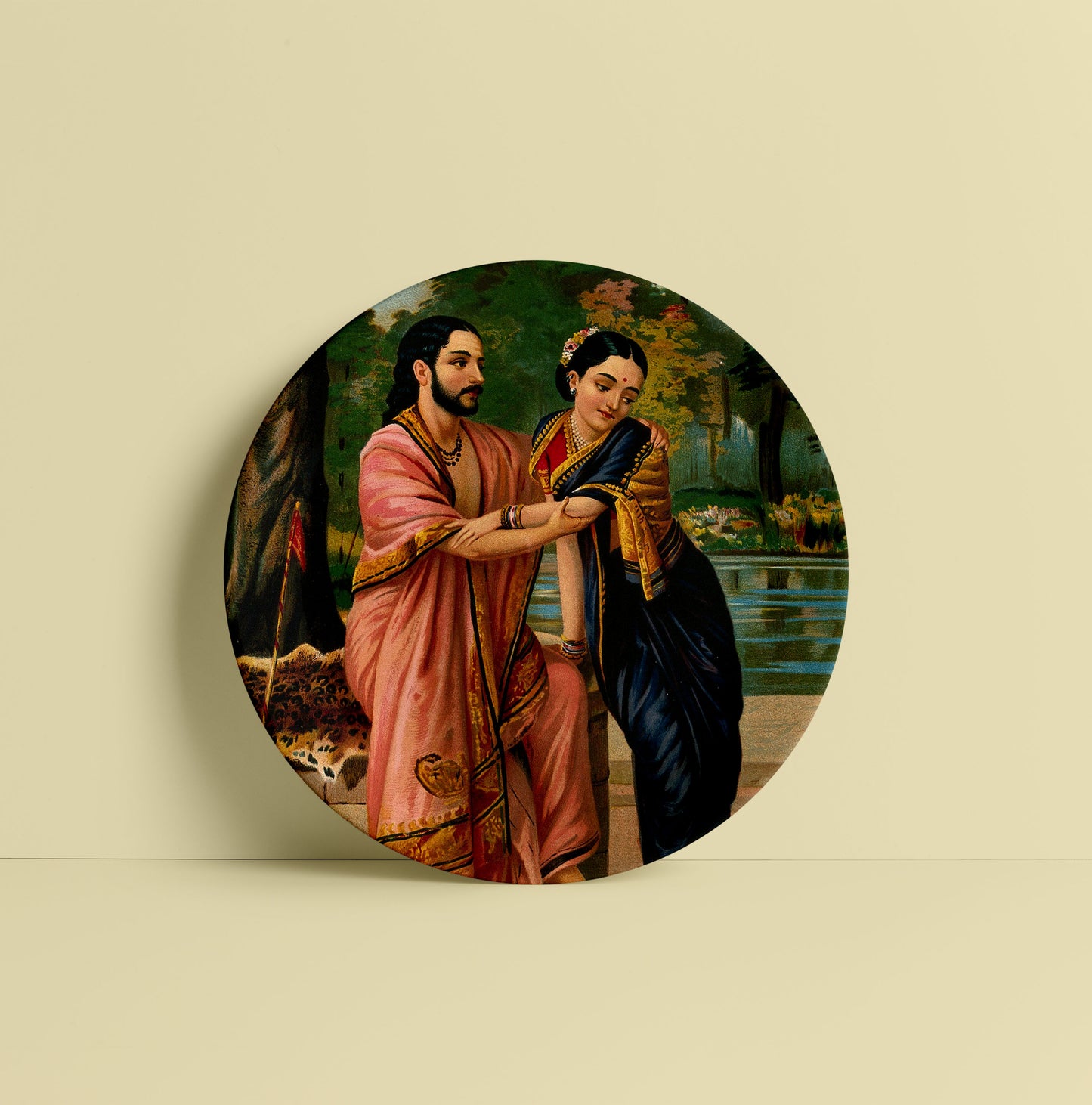 Arjuna in disguise a dancing teacher wooing Subhadra by Ravi Varma Ceramic Plate for Home Decor