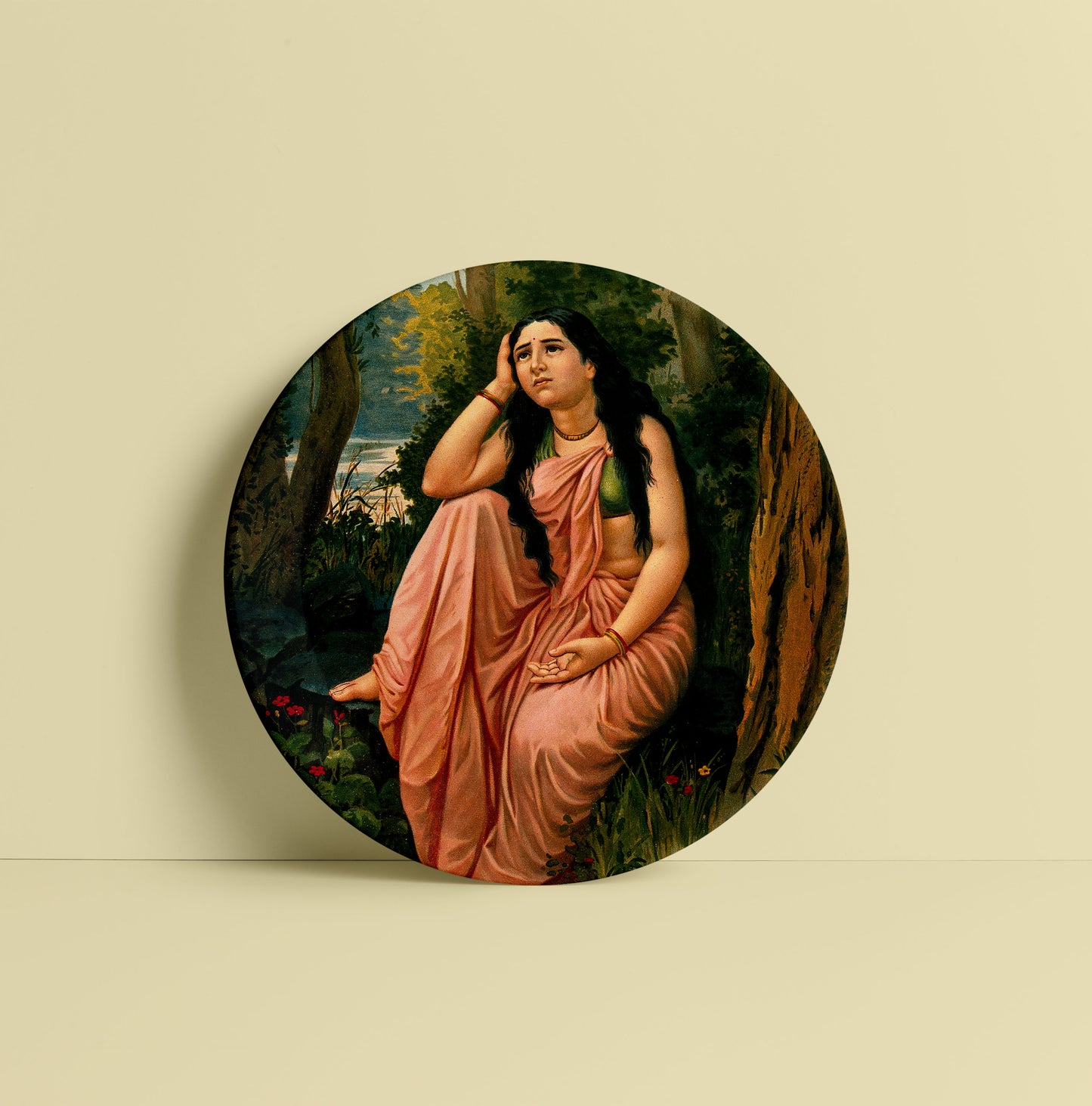 Damayanti deserted in the forest by Ravi Varma Ceramic Plate for Home Decor