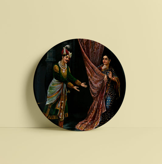 Kichaka making indecent proposals to a frightened Draupadi by Ravi Varma Ceramic Plate for Home Decor