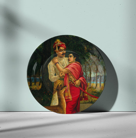 King Dushyanta proposing marriage with a ring to Shakuntala by Ravi Varma Ceramic Plate for Home Decor